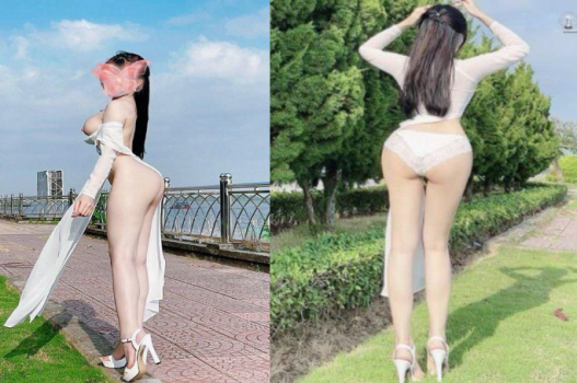 Áo dài khiêu dâm kéo váy lộ chỗ kín ven sông